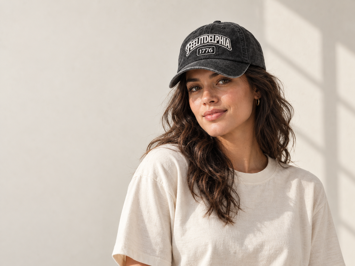 The Feelitdelphia collection: a model wearing the 1776 cap