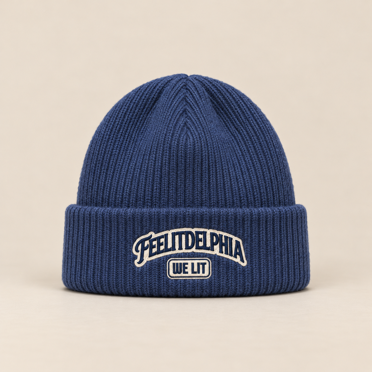 Blue cuffed rib-knit FEELITDELPHIA WE LIT beanie with embroidered logo
